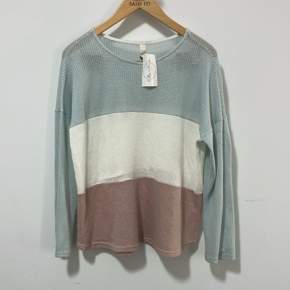 Color Block Sweater - Blue, White, Mauve